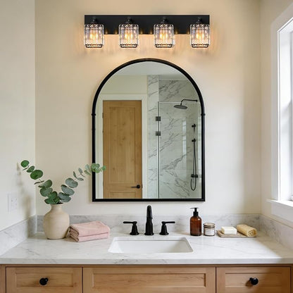 Black Crystal Bathroom Vanity Light, 4-Light Modern Bathroom Lighting Fixtures Over Mirror, Matte Black Wall Sconce Light Fixtures with Square Shade