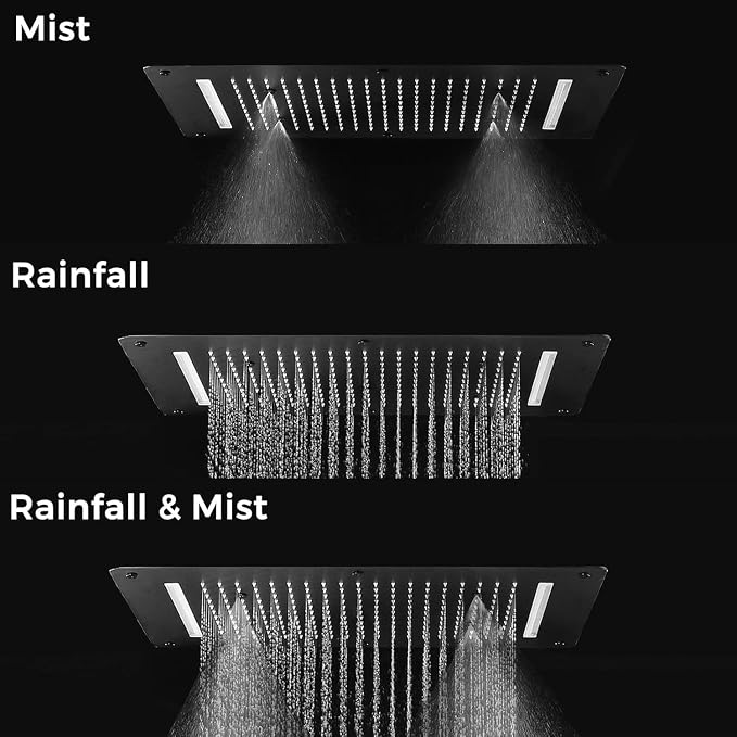 Luxury 20x14in LED Rainfall Mist Dual Shower System Can Run Togther | 4-way Thermostatic Digital Display Brass Valve, Ceiling Flush Mount Showerhead and 6in Tilt Shower, Brass Handheld, Black