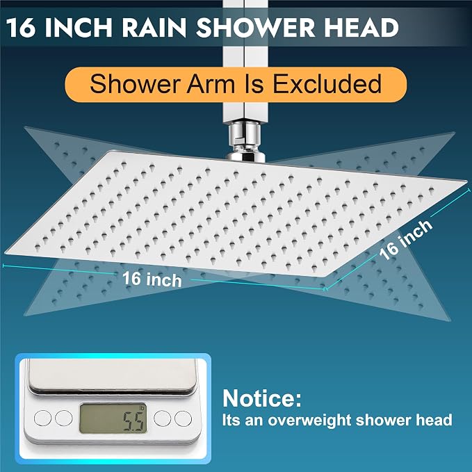 Midanya Square Rain Shower Head,High Pressure,Polish Chrome 16 Inch | 360°Swivel,Ceiling or Wall Mount,Waterfall Full Body Coverage,Bathroom Remodel,Stainless Steel Large Rainfall Shower Head