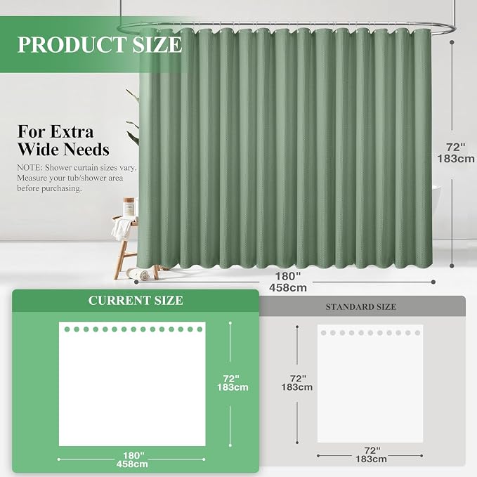 Extra Wide Waffle Shower Curtain 256 GSM Fabric 180x72 Sage Green | 180 Inch Wide, Thick Cloth, Weighted Hem, Water Repellent, Hotel Luxury Polyester Shower Curtain Set for Bathroom 32 Hooks