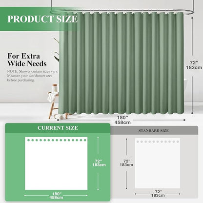 Extra Wide Waffle Shower Curtain 256 GSM Fabric 180x72 Sage Green | 180 Inch Wide, Thick Cloth, Weighted Hem, Water Repellent, Hotel Luxury Polyester Shower Curtain Set for Bathroom 32 Hooks