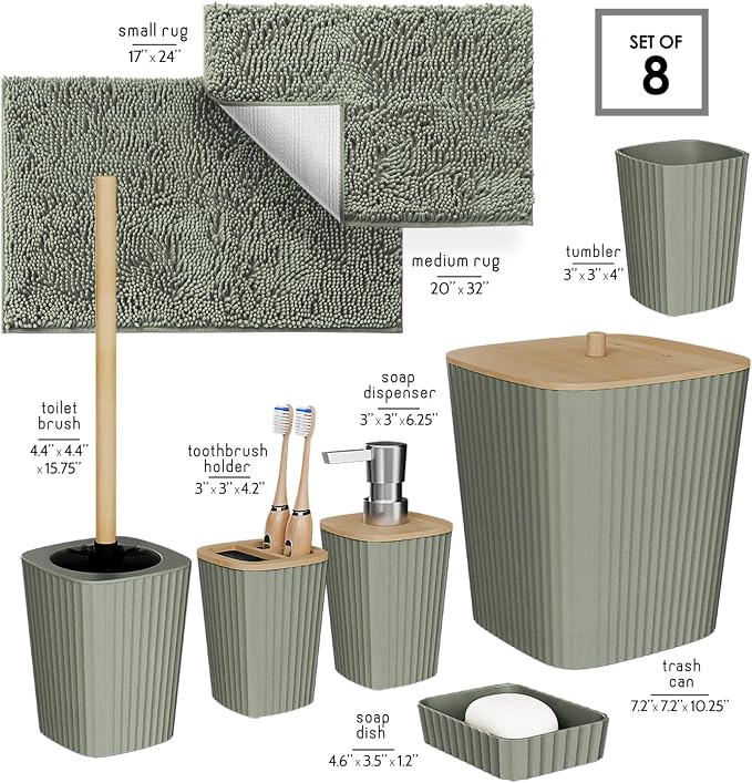 Clara Clark Bathroom Set - Sage Green Bathroom Accessories Set, 6PC Bathroom Accessory Set, Bathroom Sets with Bathroom Rugs, Toilet Brush, Trash Can & Soap Dispenser