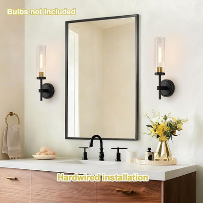 Hardwired Wall Sconces Set of Two, Black and Gold Bathroom Sconces with Clear Glass, Modern Wall Light Fixtures for Bathroom Mirror Vanity, Living Room, Bedroom, Hallway, Stairway, Cabinet, Foyer