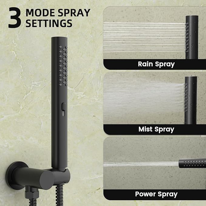 Round Shower Faucet Set with Hydro Power Temperature Display, Shower System Bathroom 10 Inch Shower Head with Handheld Spray, Wall Mounted Shower Fixtures with Shower Valve and Trim Kit, Matte Black