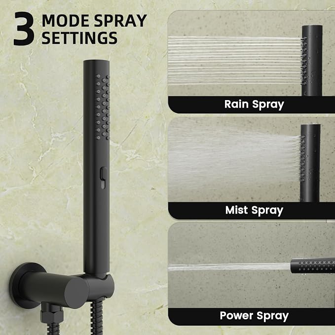 Longriver Round Shower Faucet Set with Hydro Power Temperature Display | Shower System 12" Shower Head with Handheld Spray, Wall Mounted Shower Fixtures with Shower Valve and Trim Kit, Matte Black