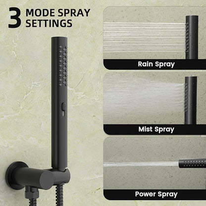 Round Shower Faucet Set with Hydro Power Temperature Display, Shower System Bathroom 12 Inch Shower Head with Handheld Spray, Wall Mounted Shower Fixtures with Shower Valve and Trim Kit, Matte Black