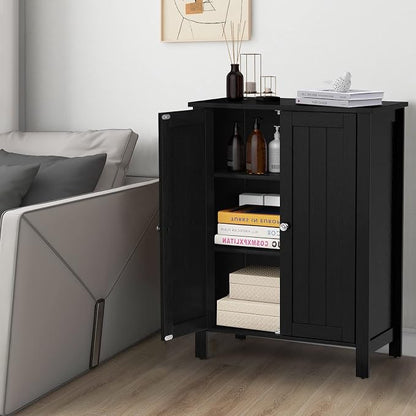 COSTWAY Bathroom Floor Cabinet - Freestanding Side Storage Organizer with Double Doors & Adjustable Shelf, Wooden Storage Cabinet for Living Room, Bedroom, Kitchen, Entryway (Black) | with Double Doors & Adjustable Shelf, Wooden Storage Cabinet for Liv...