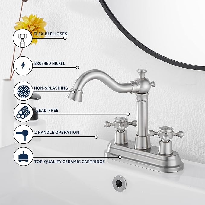 Bathroom Faucet Brushed Nickel GGStudy 2 Handles 4 Inches Centerset Bathroom Vanity with Drain Assembly and Supply Hose Lavatory Mixer Double Handle Tap