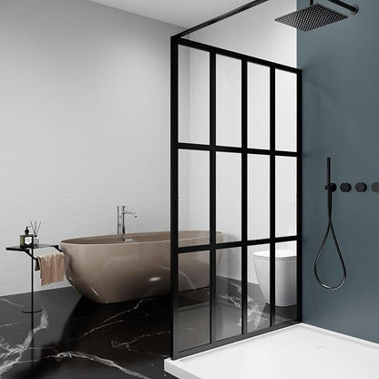46x72 Matte Black Walk-In Shower Screen, 1/4" Tempered Glass with Frame | Metal Finish Grid Pattern, Aluminum Alloy Frame, Stainless Steel System, Reversible Installation, Easy to Assemble, No Base