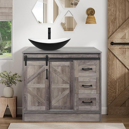 36 Inch Barn Door Bathroom Vanity, Farmhouse Style Standing Pedestal Cabinet with Black and White Ceramic Boat Sink