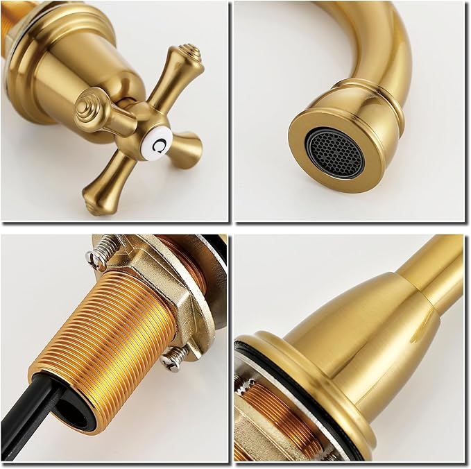 RKF Bathroom Faucets for Sink 3 Hole Gold 8 inch Widespread Bathroom Sink Faucet with Drain 2 Handles Cross Knobs Faucet Vanity Faucet Basin Mixer Tap with Hose & Deck CWF039-BG