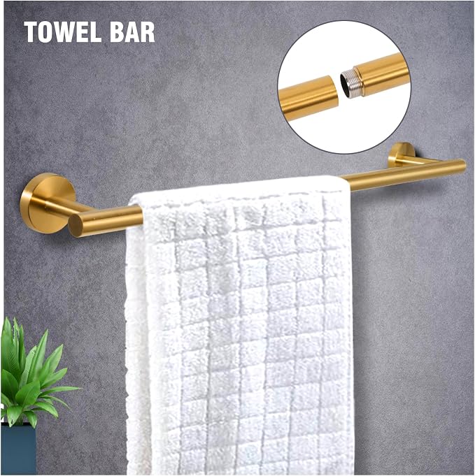 5 Piece Modern Style Wall Mounted Bathroom Hardware Set | #304 Stainless Steel, 24" Towel Bar Mount, Towel Rings, L Shape Toilet Paper Holder, Bathrobe Hook (Brushed Gold)