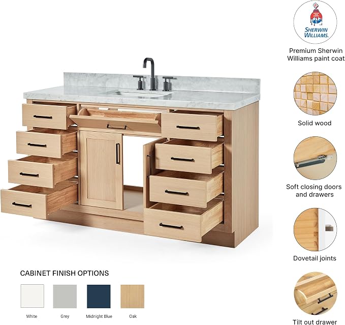 Isabella 60-Inch Bathroom Vanity with Sink, Oak Solid Wood, 1.5-Inch Edge Carrara White Marble Countertop & Backsplash, 2 Soft Closing Doors, 9 Dovetail Drawers, Matte Black