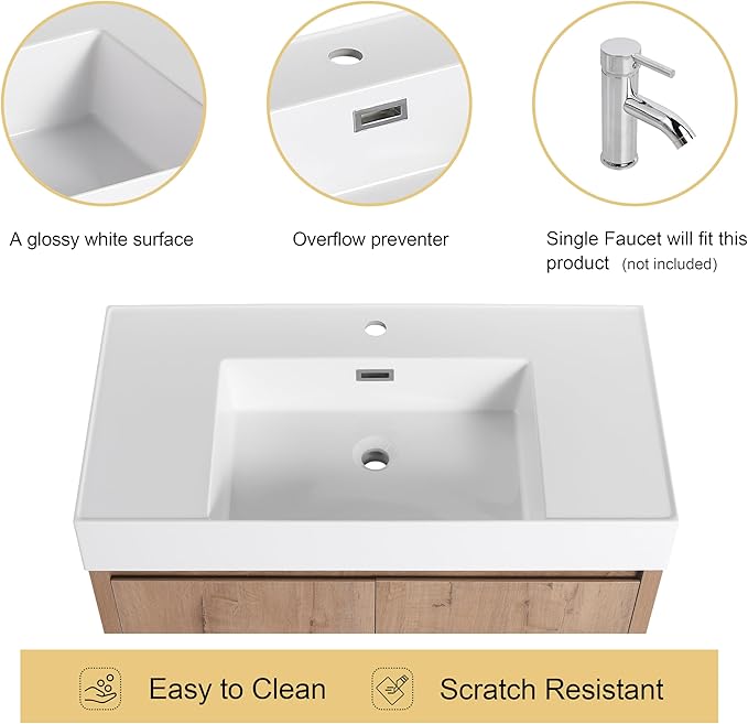 Malwee 36 Inch Floating Bathroom Vanity with Sink, 36'' Single Sink Wall Mounted Bathroom Vanity, with 2 Doors and White Resin Basin Top, Wall Hung Storage Cabinet Set(035-36)