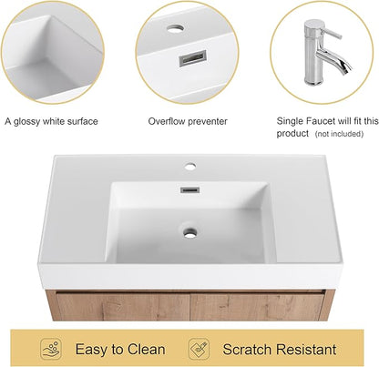 Malwee 36 Inch Floating Bathroom Vanity with Sink, 36'' Single Sink Wall Mounted Bathroom Vanity, with 2 Doors and White Resin Basin Top, Wall Hung Storage Cabinet Set(035-36)