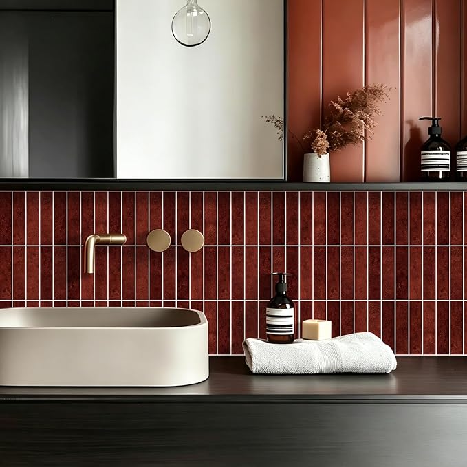 MORCART 10PCS 11.8"x11.8" Peel and Stick Backsplash, Vintage Red | 3D Adhesive Waterproof Wall Tiles for Kitchen, Bathroom, Living Room, Laundry Room, Subway Tiles
