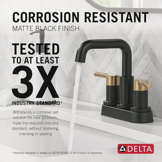 Delta Nicoli Centerset Matte Black/Brushed Gold Bathroom Faucet, 4 Inch 3 Hole Bathroom Sink Faucet for Vanity, Push-Pop Drain Assembly, Matte Black/Champagne Bronze 25849LF-GZ