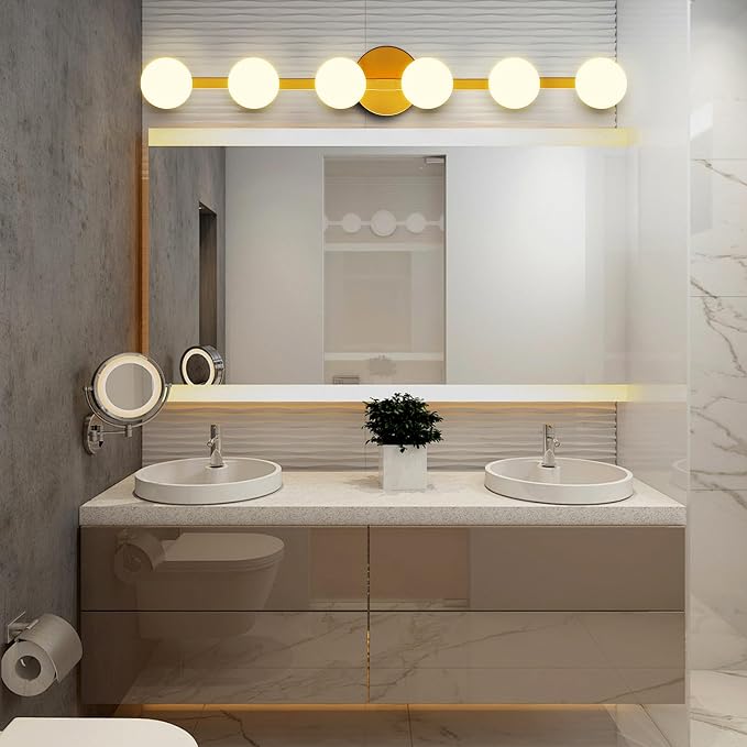 Lightdot 6 Light Bathroom Vanity Light, 38" Modern Gold Vanity Lights with Globe Water/Shatterproof PC Lampshade, Rust-Proof Bathroom Light Fixtures Over Mirror for Kitchen Hallway Cabinet Porch