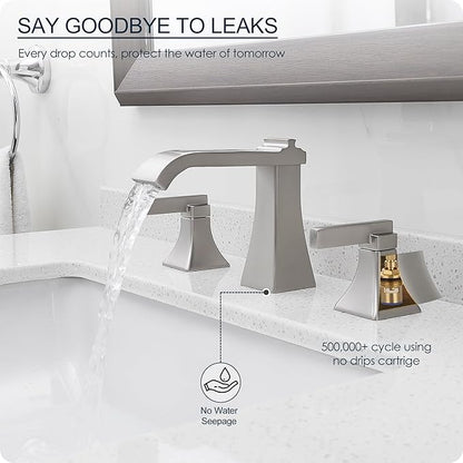 Brushed Nickel Bathroom Faucet 3 Hole, Brass Waterfall 8 Inch Widespread Bathroom Sink Faucet with Pop-Up Drain, cUPC Supply Hoses, 2 Handles for Vanity, Restroom, Modern Hollowed Design