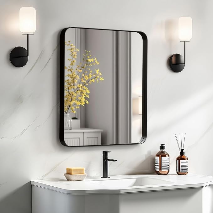 20"x16" Bathroom Vanity Mirror for Wall Aluminum Framed Farmhouse Rectangle | Anti-Rust, HD Reflection Anti-Desilvering, Distortion Free, Tempered and Shatter-Proof Wall Mounted Mirror, Black