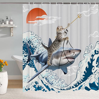 Funny Cute Cat Shower Curtains,Japan Cat Shark with Ocean Sea Wave Shower Curtain for Bathroom,Japanese Cool Fabric Shower Curtain Set with Hooks Bath Decoration 72X72inches