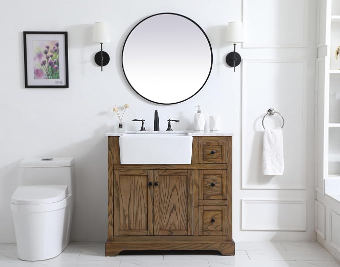 36" Pre-Assembled Bathroom Vanity with Sink, Solid Birch and MDF, Carrara White Marble Countertop Attached, Single Rectangle Porcelain Sink, 3 Soft-Close Drawers, Driftwood
