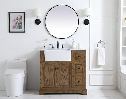 36" Pre-Assembled Bathroom Vanity with Sink, Solid Birch and MDF, Carrara White Marble Countertop Attached, Single Rectangle Porcelain Sink, 3 Soft-Close Drawers, Driftwood
