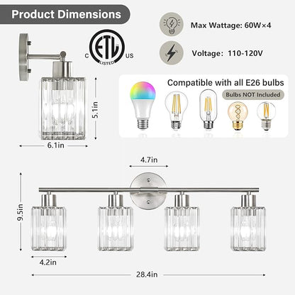 4 Light Bathroom Light Fixtures, Modern Crystal Vanity Lights over Mirror | Metal Frame, Bathroom Light with Square Crystal Shade, ETL Certified, E26 Ceramic Socket, Bulbs Not Included