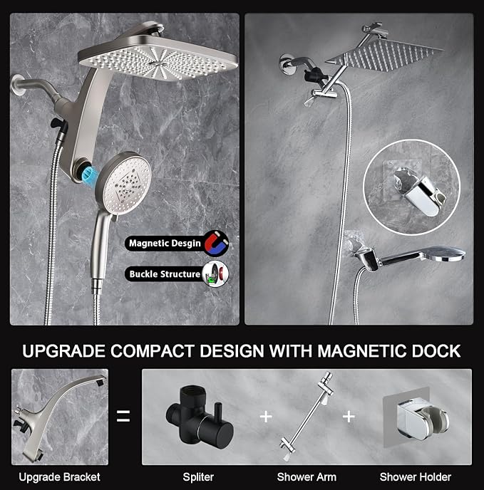 12" High Pressue Rain Shower Head with Handheld, 9 Sprays Hand Showerhead | Shower Heads with Handheld Spray Combo, Dual Head, Built-in Magnetic Docking, Power Jets, 59" Shower Hose, Nickel 1.75GPM