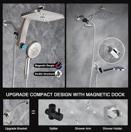 12" High Pressue Rain Shower Head with Handheld, 9 Sprays Hand Showerhead | Shower Heads with Handheld Spray Combo, Dual Head, Built-in Magnetic Docking, Power Jets, 59" Shower Hose, Nickel 1.8GPM