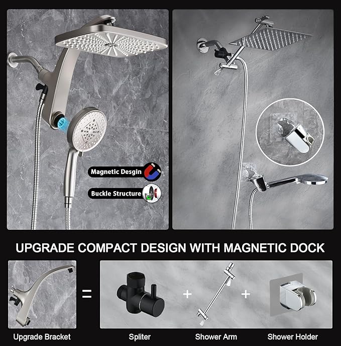 12" High Pressue Rain Shower Head with Handheld, 9 Sprays Hand Showerhead | Shower Heads with Handheld Spray Combo, Dual Head, Built-in Magnetic Docking, Power Jets, 59" Shower Hose, Nickel 1.8GPM