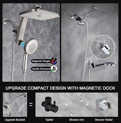 12" High Pressue Rain Shower Head with Handheld, 9 Sprays Hand Showerhead | Shower Heads with Handheld Spray Combo, Dual Head, Built-in Magnetic Docking, Power Jets, 59" Shower Hose, Nickel 1.8GPM