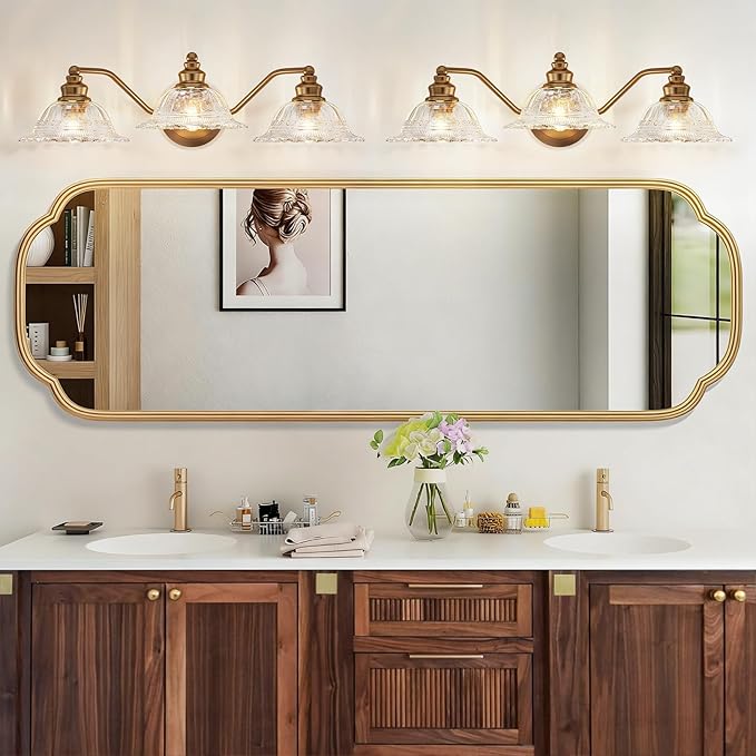 Redluck Vintage Bathroom Vanity Light Fixture, 3-Light Bathroom Lighting Fixtures Over Mirror, Antique Brass Finish with Crystal Glass Shade, Wall Sconces Lighting for Bedroom, Living Room, Hallway