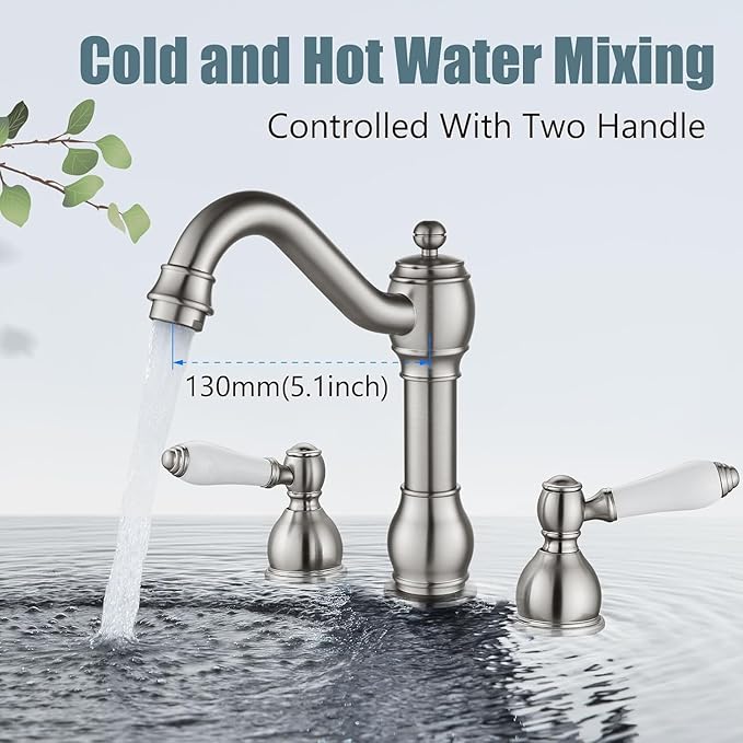 Aolemi 8 Inch Widespread Bathroom Sink Faucet 3 Hole Deck Mount Vanity Basin Mixer Tap with Pop Up Drain Assembly Brushed Nickel Double Ceramic Handle