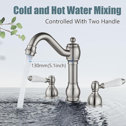 Aolemi 8 Inch Widespread Bathroom Sink Faucet 3 Hole Deck Mount Vanity Basin Mixer Tap with Pop Up Drain Assembly Brushed Nickel Double Ceramic Handle