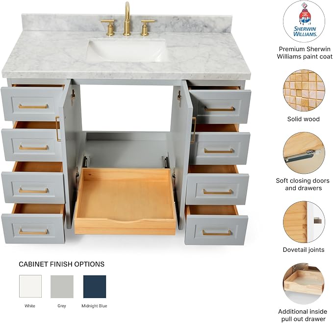 Emilia 48-Inch Bathroom Vanity with Sink — Grey Single Sink Bathroom Vanity, 1.5" Edge Italian Carrara Marble Top, Solid Wood, 2 Soft Closing Doors, 9 Dovetail Drawers