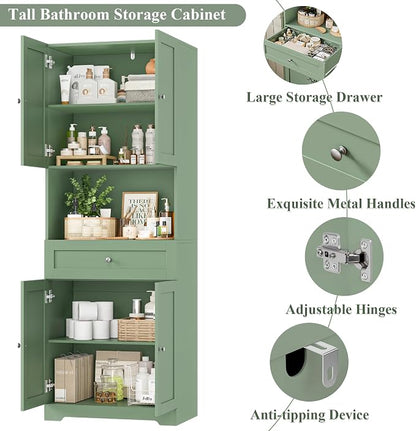 HIFIT Tall Bathroom Storage Cabinet with Drawer, Modern Linen Cabinet,Green | 67"H Tall Storage Cabinet with Doors & Shelves, Freestanding Kitchen Pantry for Bathroom, Dining Room, Laundry, Narrow Corner