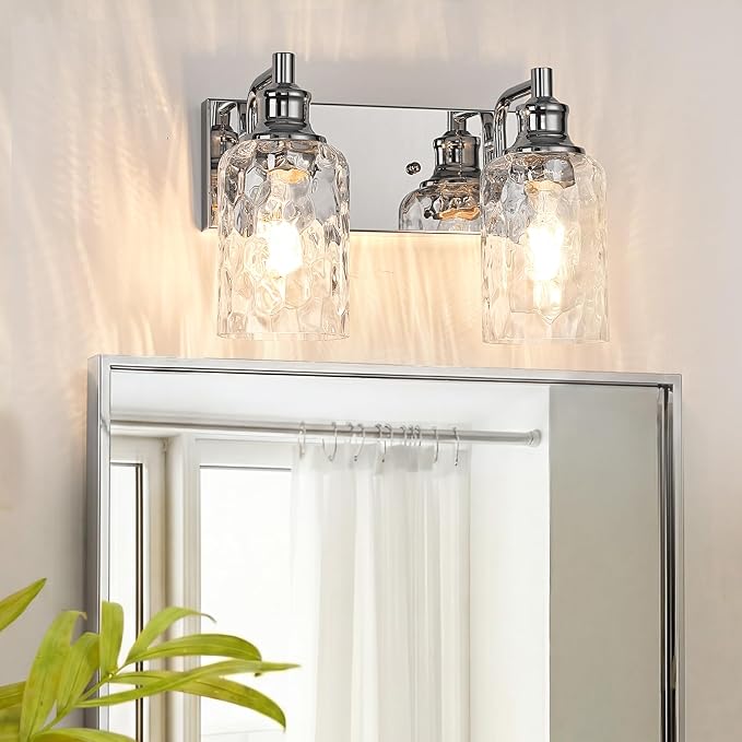 Bathroom Light Fixtures Over Mirror, 2 Lights Vanity Lights with Hammered Glass Shade, 12.7" Chrome Farmhouse Bathroom Light Fixtures for Bedroom, Porch, Hotel, Mirror Cabinet