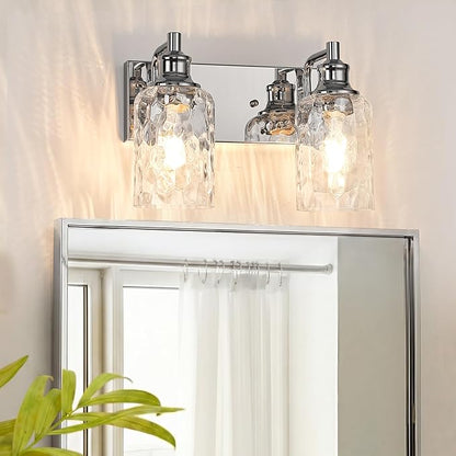 Bathroom Light Fixtures Over Mirror, 2 Lights Vanity Lights with Hammered Glass Shade, 12.7" Chrome Farmhouse Bathroom Light Fixtures for Bedroom, Porch, Hotel, Mirror Cabinet