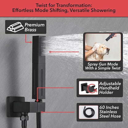VANFOXLE Shower Faucet Set Matte Black Shower System,Four Modes Shower Faucet with 2 in 1 Handheld,Ceiling Mount 10 Inch Shower Head with 6 Inch Shower Head, 4 PCS Dual Modes Body Jets