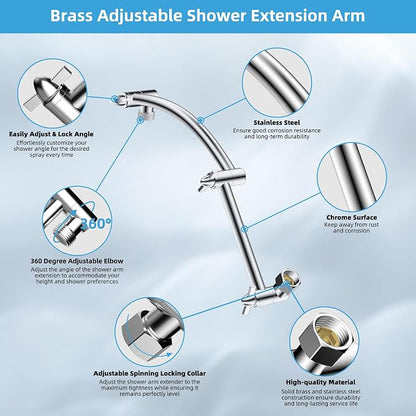 Hibbent All Metal 12'' Rain Shower Head with 16'' Extension Arm, Chrome | cUPC Certified High Pressure Rainfall Showerhead with Solid Brass Adjustable Shower Head Extension Arm, Fixed Showerheads