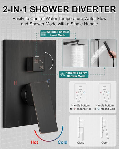 Shower Faucet Set Rainfall Shower System with Square Showerhead and Handle Set Fixture with 2 in 1 Function Handheld Sprayer Wall Mounted Trim Repair Kit Rough-in Valve 12 Inch Oil Rubbed Bronze