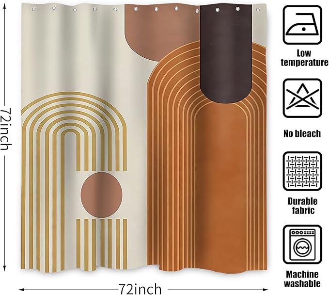 Mid Century Shower Curtain, Brown Modern Boho Neutral Arch Geometric Machine Washable Waterproof for Bathroom Bathtub with 12 Hooks 72x72