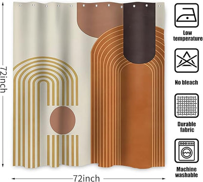 Mid Century Shower Curtain, Brown Modern Boho Neutral Arch Geometric Machine Washable Waterproof for Bathroom Bathtub with 12 Hooks 72x72