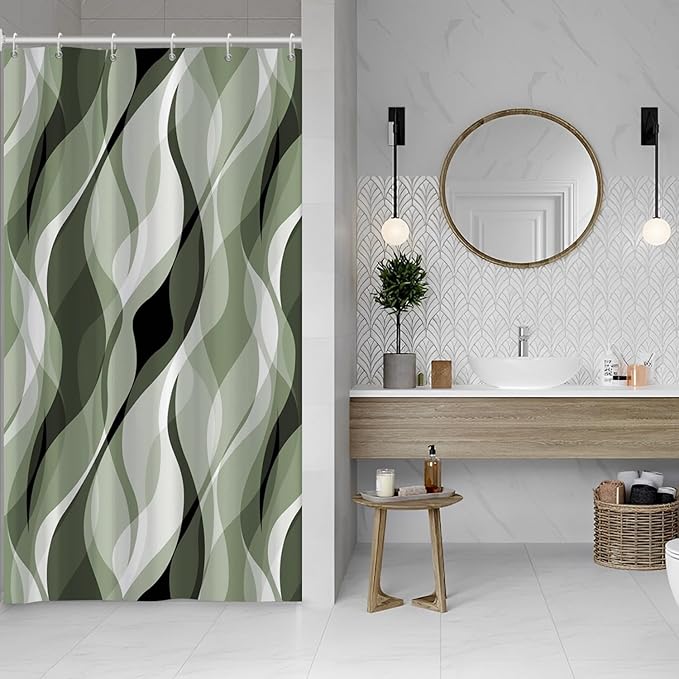 Sage Green Shower Curtain, Abstract Ombre Green and Grey Striped Shower Curtain Set for Bathroom Waterproof Polyester Shower Curtain with Hooks, 48x72 Inch