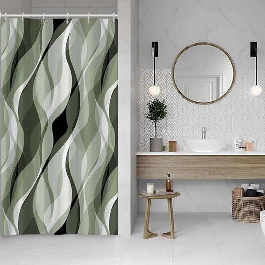 Sage Green Shower Curtain, Abstract Ombre Green and Grey Striped Shower Curtain Set for Bathroom Waterproof Polyester Shower Curtain with Hooks, 48x72 Inch