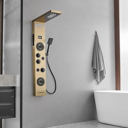 Brushed Gold Shower Panel LED Rainfall Shower Head, Bathroom Shower Panel Tower System Body Massage 6-Functions Temperature Display Wall Mount, Gold