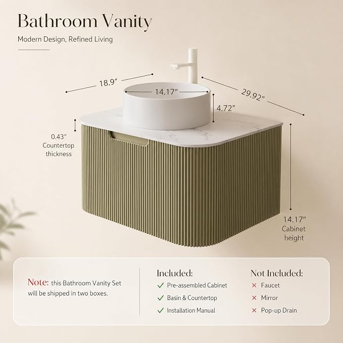 30 Inch Bathroom Vanity with Sink, Floating Wall Mounted Single Sink Vanity, Sage Green Curved Fluted Front, Stone Top, Pure White Round Vessel Basin, Pre-Assembled