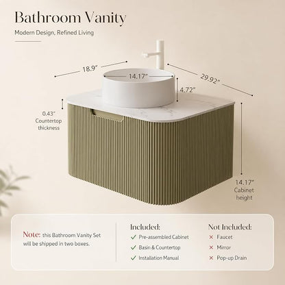 30 Inch Bathroom Vanity with Sink, Floating Wall Mounted Single Sink Vanity, Sage Green Curved Fluted Front, Stone Top, Pure White Round Vessel Basin, Pre-Assembled