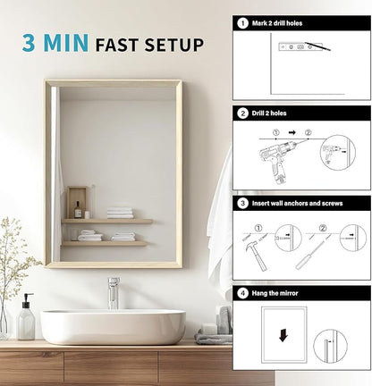 Oak Wood Effect Framed Wall Mirror, 32x40 Rectangle Mirror, Anti-desilvering Tempered Glass, Sustainable& Sturdy Frame, Anti-Rust, HD Reflection &3min Fast Setup for Bathroom Living Room